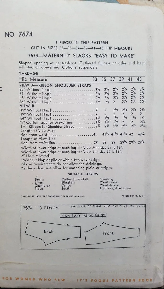 1955 Vogue Vintage Sewing Pattern 7674 - Maternity Pant
