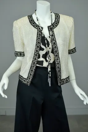 1980s Laurence Kazar White Black Beaded Jacket Top 1980s Laurence Kazar White Black Beaded Jacket Top