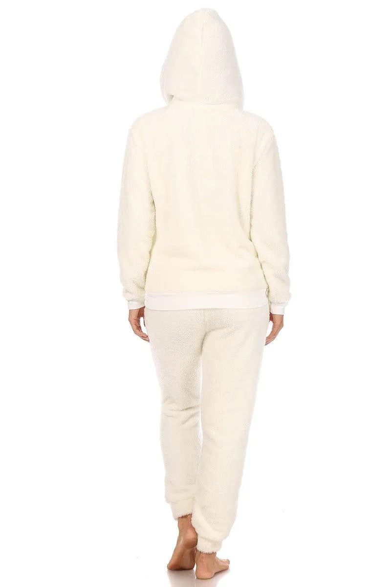 2-Piece Fur Pullover Hoodie   Joggers Set - Cream