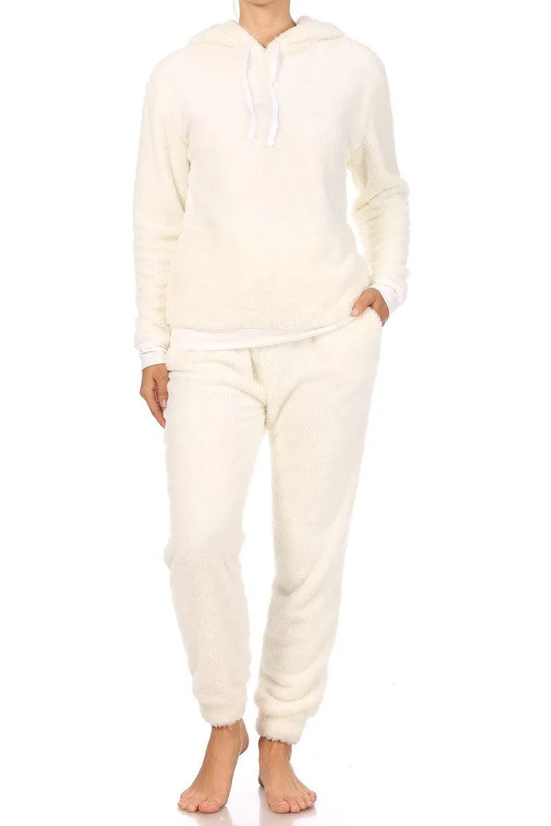 2-Piece Fur Pullover Hoodie   Joggers Set - Cream