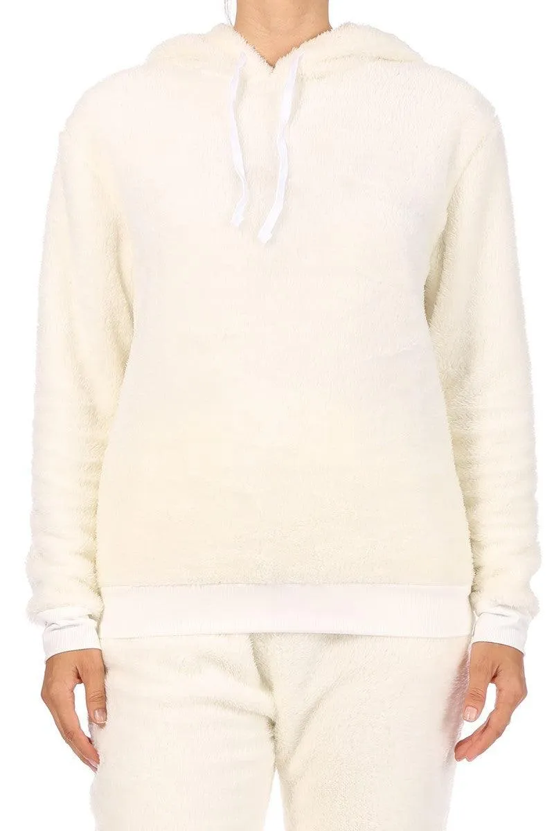 2-Piece Fur Pullover Hoodie   Joggers Set - Cream