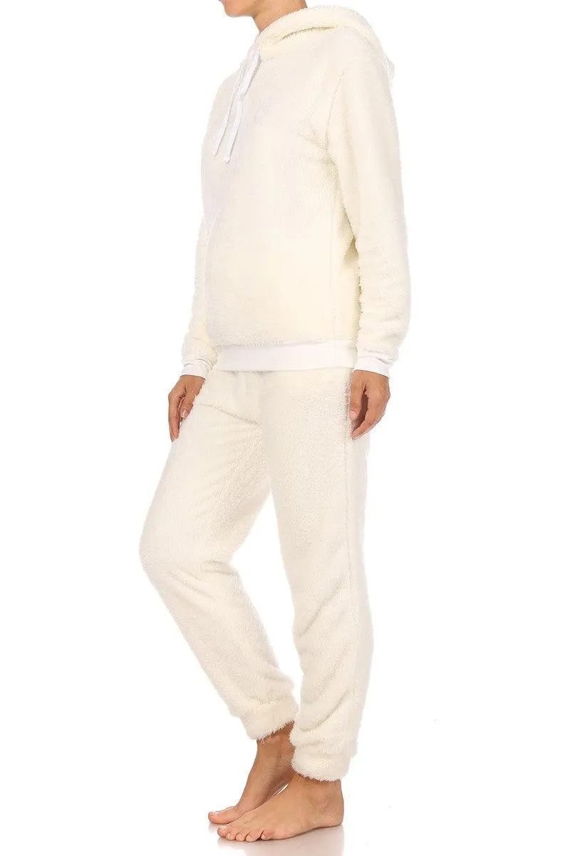2-Piece Fur Pullover Hoodie   Joggers Set - Cream