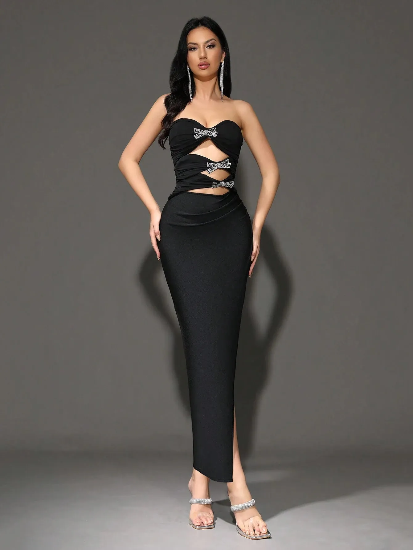 2024 Summer New Sexy Bowknot Strapless Hollow Out Bodycon Bandage Long Dress, Fashion Party Evening Gown