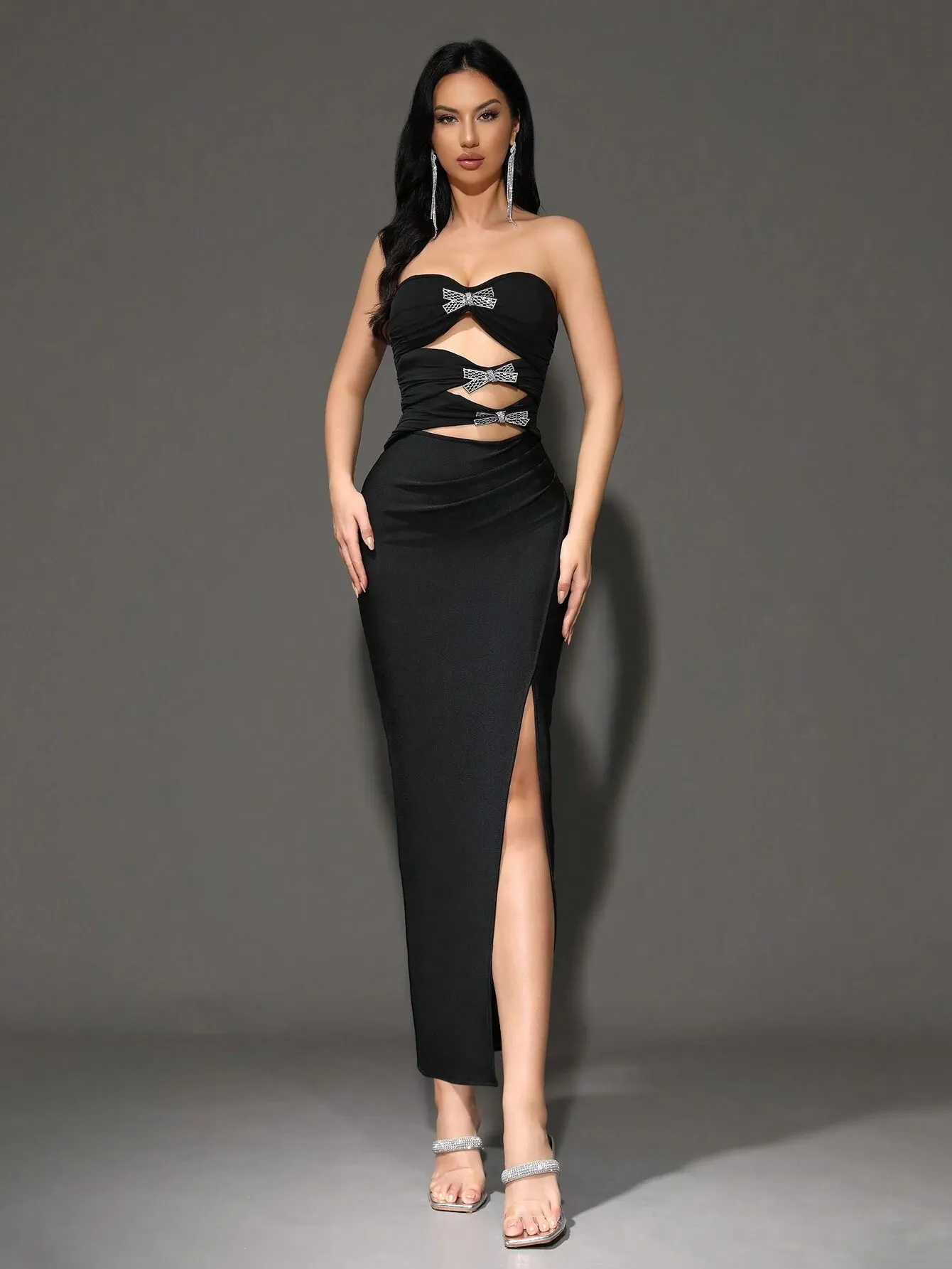 2024 Summer New Sexy Bowknot Strapless Hollow Out Bodycon Bandage Long Dress, Fashion Party Evening Gown