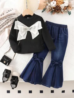2pcs Young Girl Fashionable Bowknot Long Sleeve Top And Denim Pants Set, Spring Autumn 2pcs Young Girl Fashionable Bowknot Long Sleeve Top And Denim Pants Set, Spring Autumn