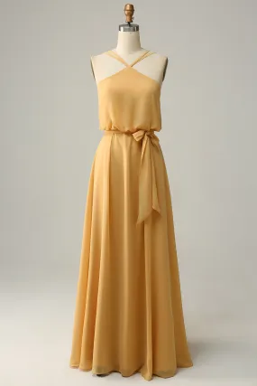 A Line Halter Yellow Long Bridesmaid Dress with Bowknot A Line Halter Yellow Long Bridesmaid Dress with Bowknot