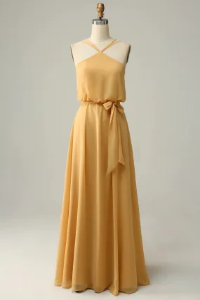 A Line Halter Yellow Long Bridesmaid Dress with Bowknot A Line Halter Yellow Long Bridesmaid Dress with Bowknot