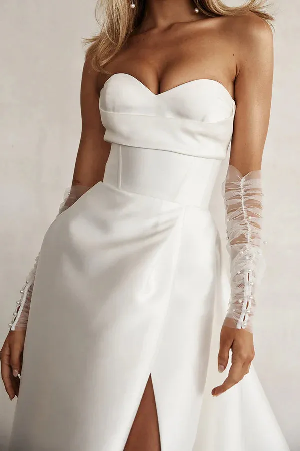 A line sweet satin pleated simple sleeved wedding dress