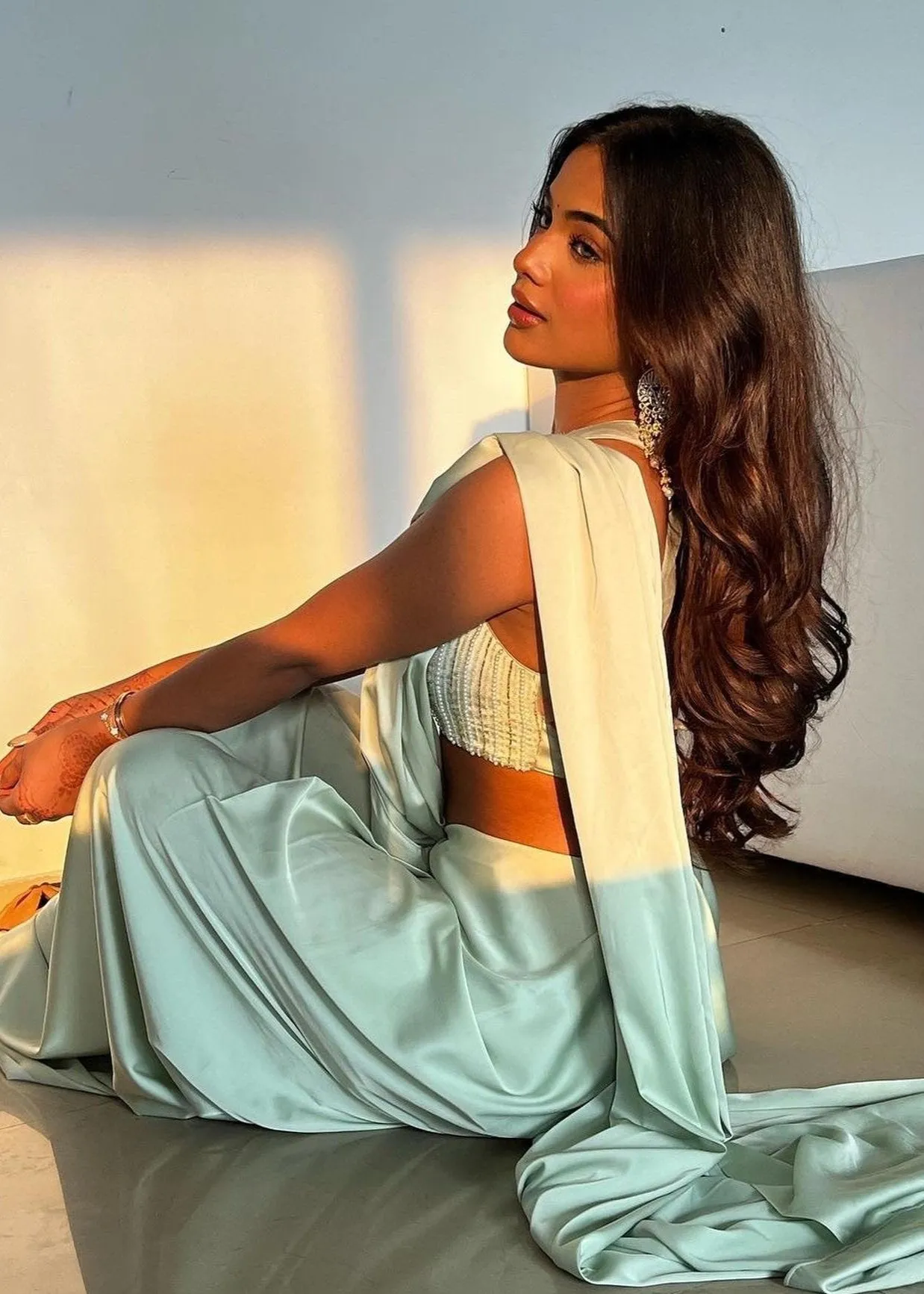 Abira Sage Green Satin Pre-Stitched Saree