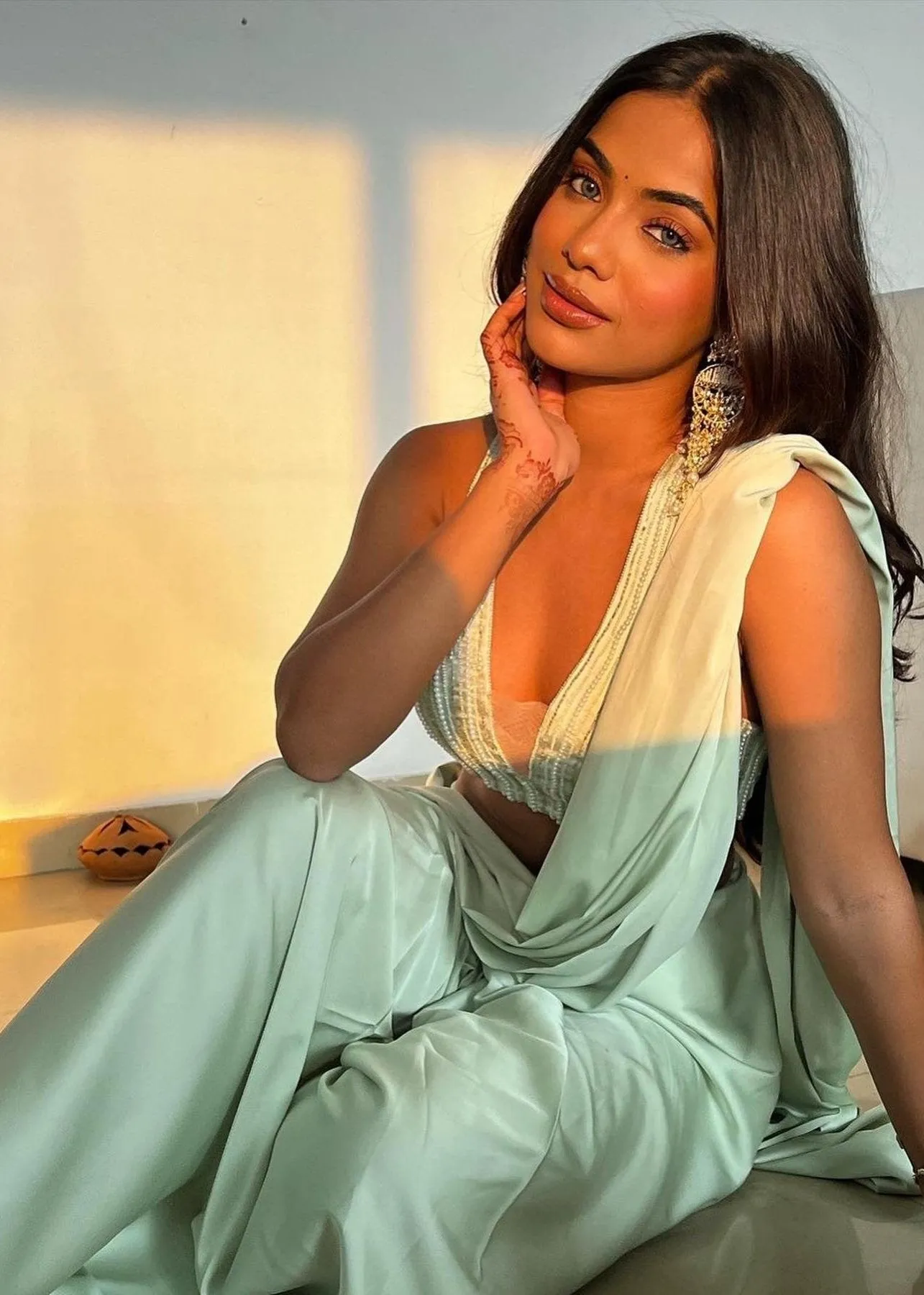 Abira Sage Green Satin Pre-Stitched Saree