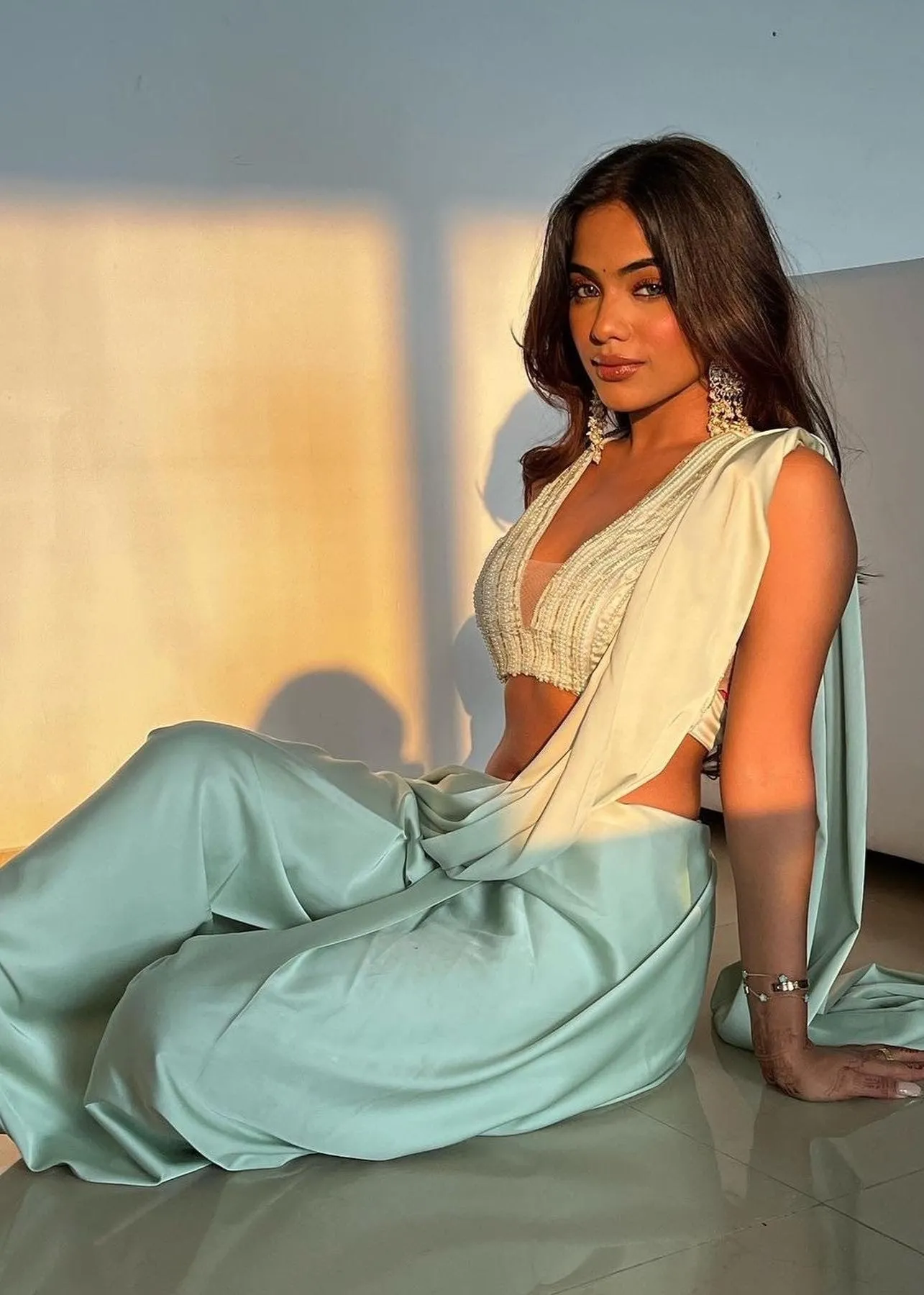 Abira Sage Green Satin Pre-Stitched Saree