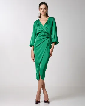 Access Fashion Green Wrap Midi Satin Dress With Pleats Access Fashion Green Wrap Midi Satin Dress With Pleats