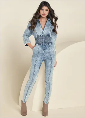 Acid Wash Smocked Jumpsuit - Cool Wash Acid Wash Smocked Jumpsuit - Cool Wash