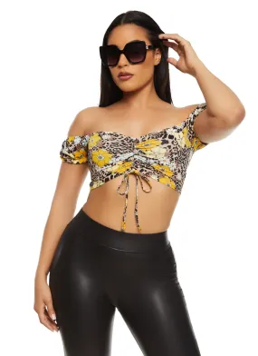 Almost Famous Printed Off the Shoulder Ruched Crop Top Almost Famous Printed Off the Shoulder Ruched Crop Top