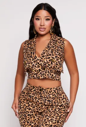 Animal Print Cropped Button Front Vest Animal Print Cropped Button Front Vest