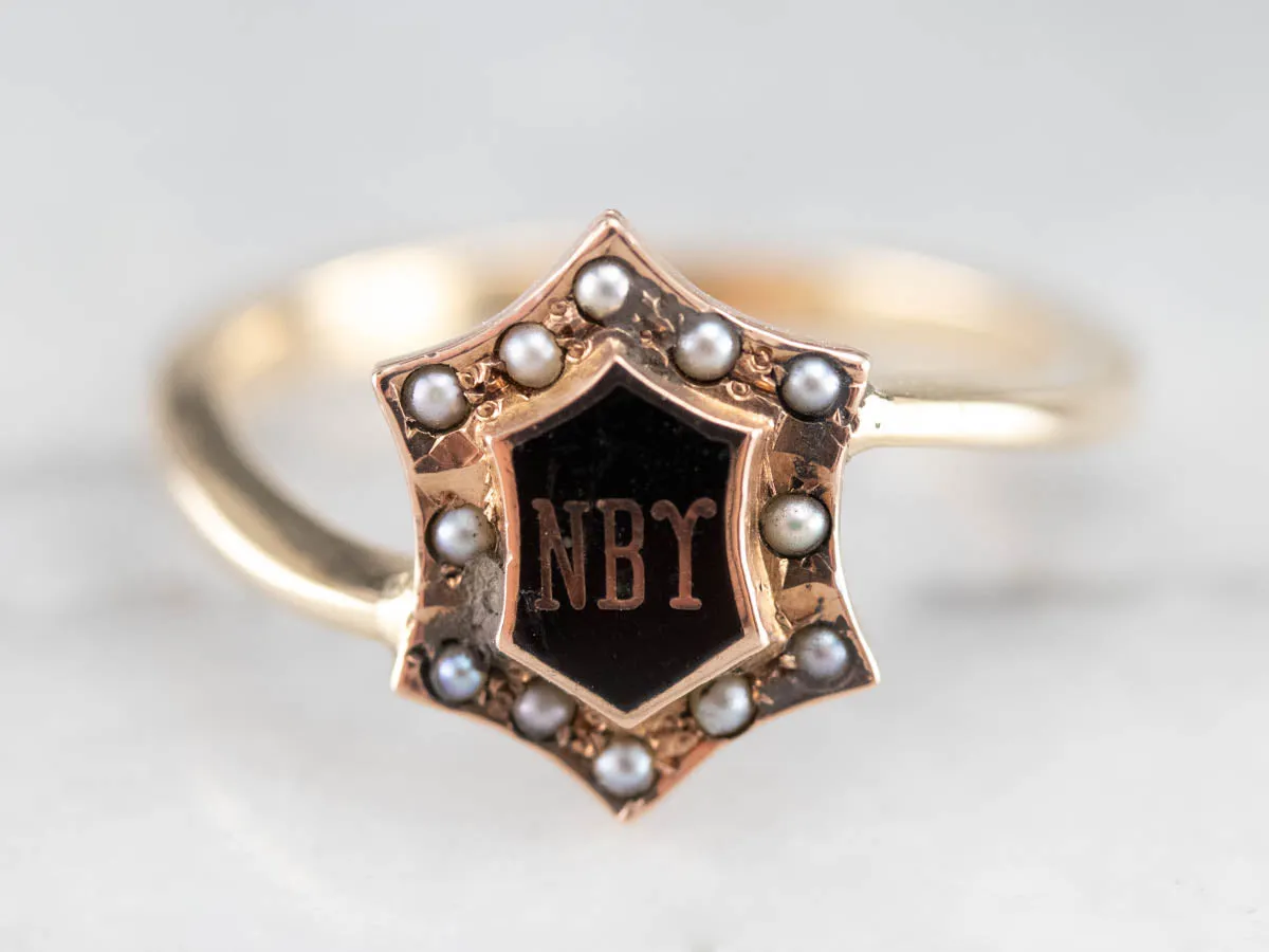 Antique NBY Enamel and Seed Pearl Ring