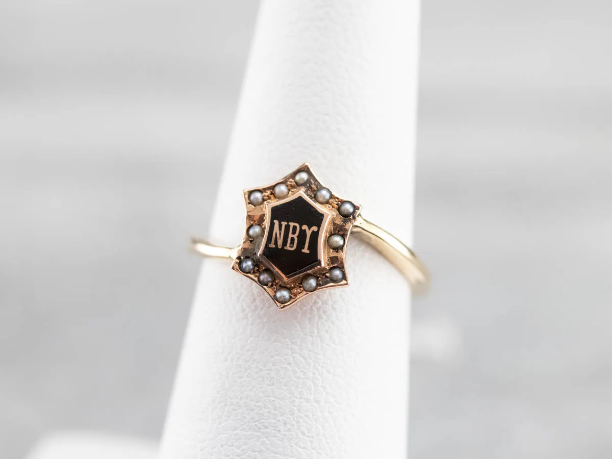 Antique NBY Enamel and Seed Pearl Ring