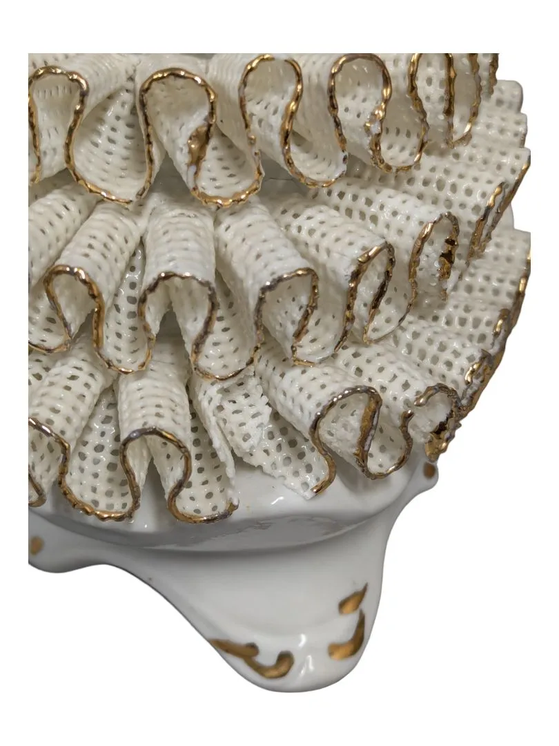 Antique Roceram Romania porcelain figurine, lady sitting holding flowers