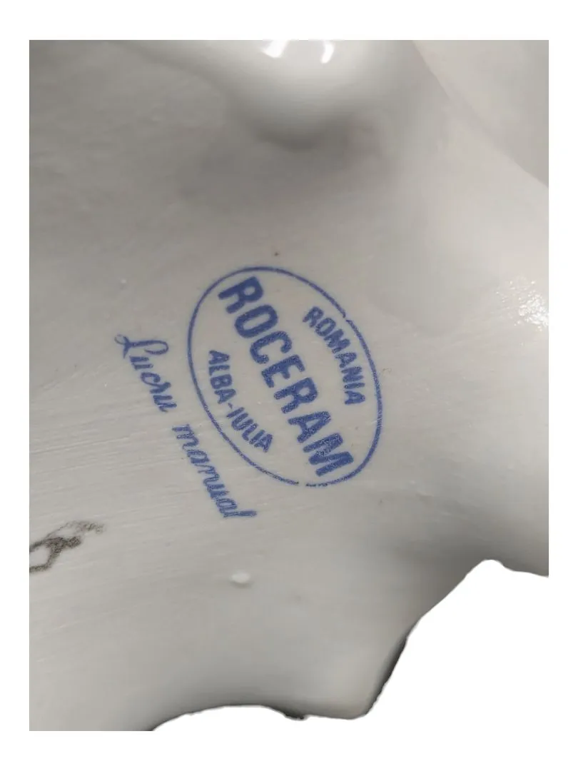 Antique Roceram Romania porcelain figurine, lady sitting holding flowers