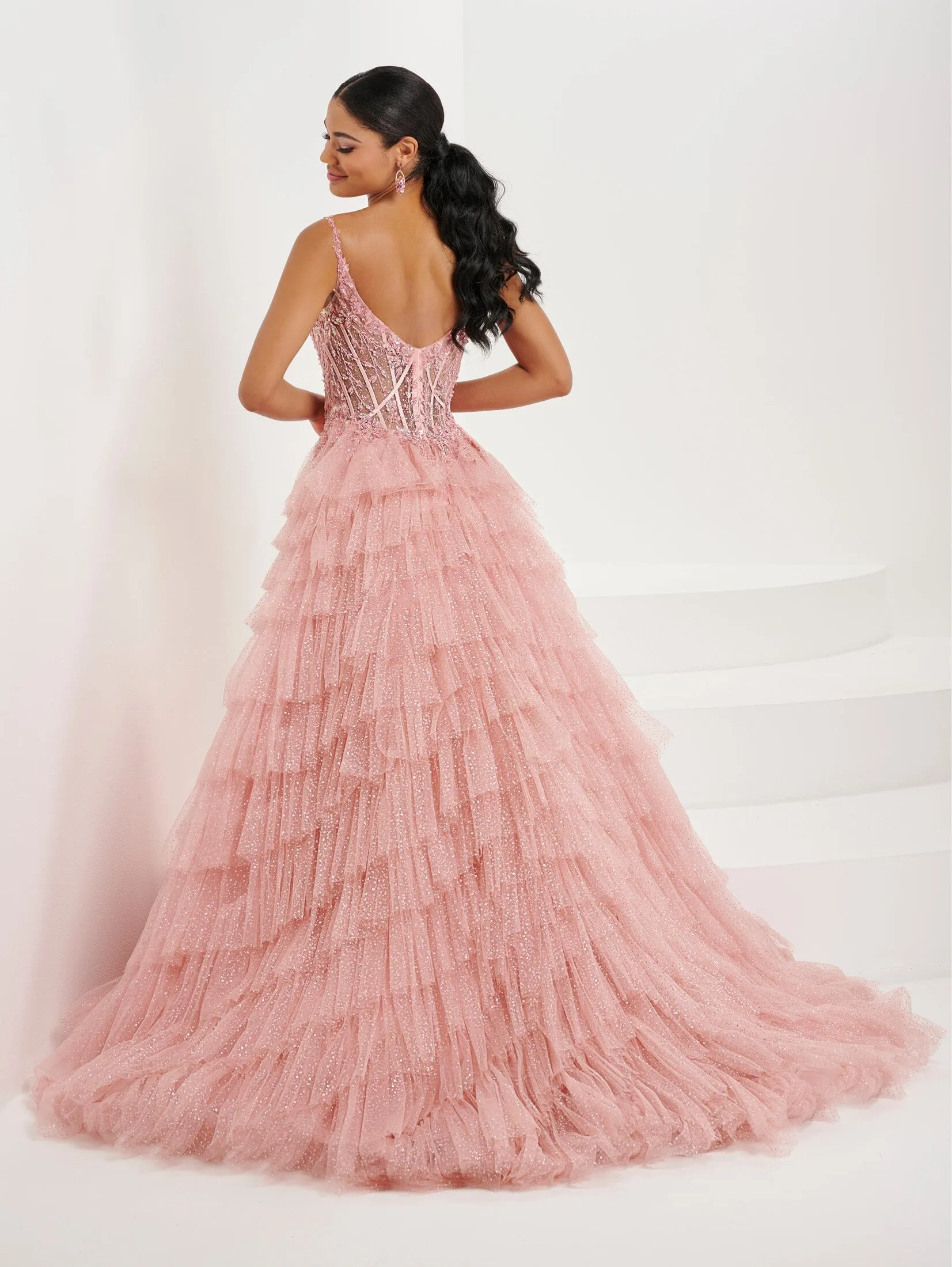 Applique Corset Ruffled Tulle Gown by Tiffany Designs 16099