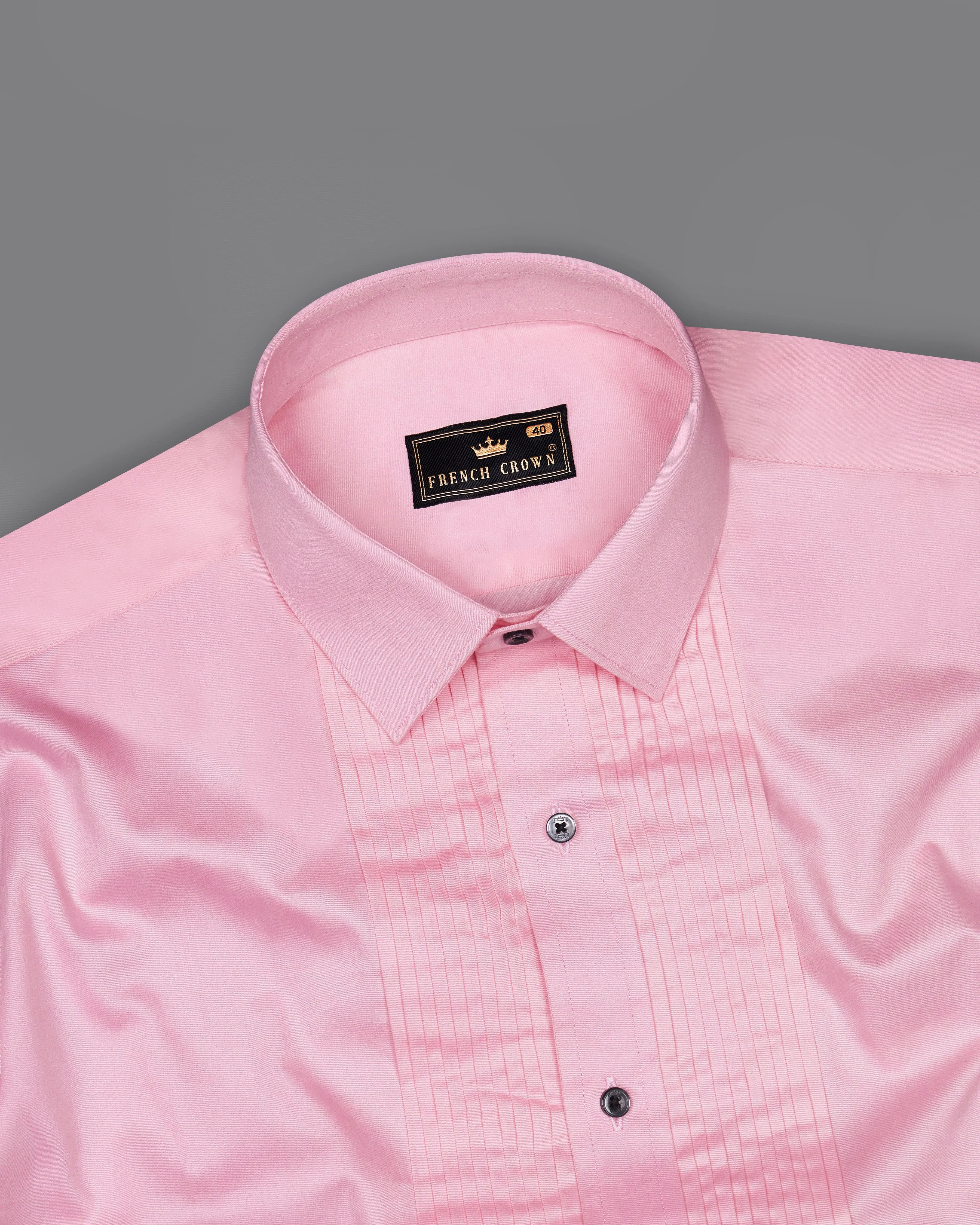 Azalea Pink Subtle Sheen Snake Pleated Super Soft Premium Cotton Tuxedo Shirt
