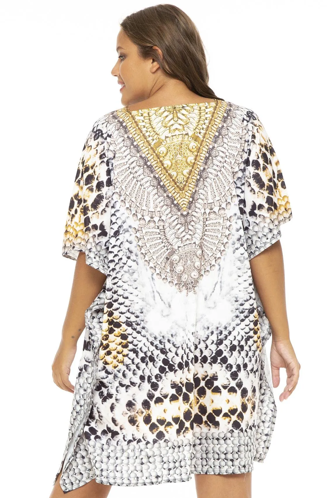 Back From Bali Womens Plus Size Print Kaftan Short Boho Tunic Dress Beach Caftan Swimsuit Cover Up