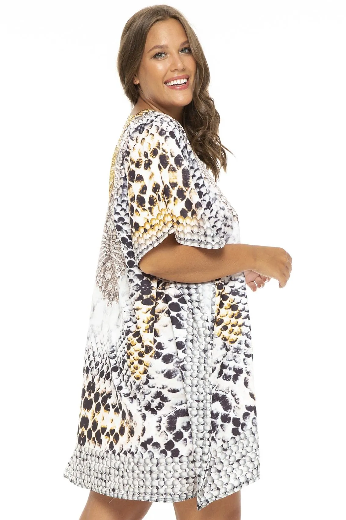 Back From Bali Womens Plus Size Print Kaftan Short Boho Tunic Dress Beach Caftan Swimsuit Cover Up