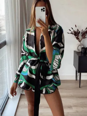 Batwing Sleeve Kimino Blouse Geometric Print Turn Down Collar Belt Sashes Oversize Casual Shirts Women Summer Chic Tops Outwear Batwing Sleeve Kimino Blouse Geometric Print Turn Down Collar Belt Sashes Oversize Casual Shirts Women Summer Chic Tops Outwear