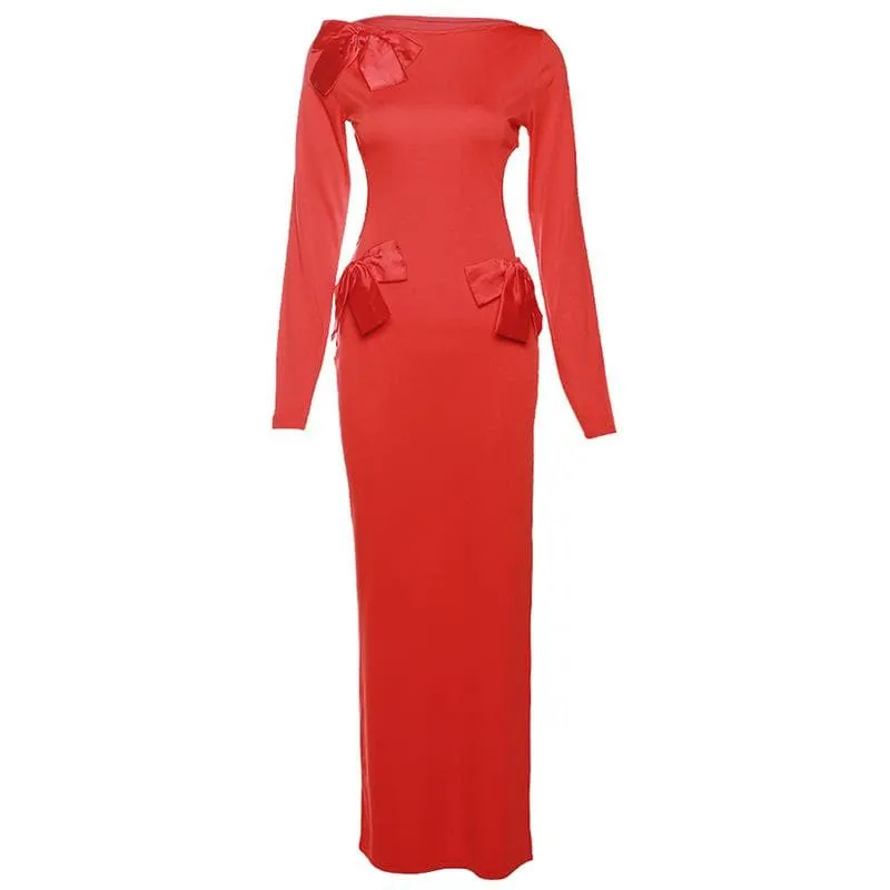 BerryBetty - Bowknot backless hollow out solid long sleeve maxi dress