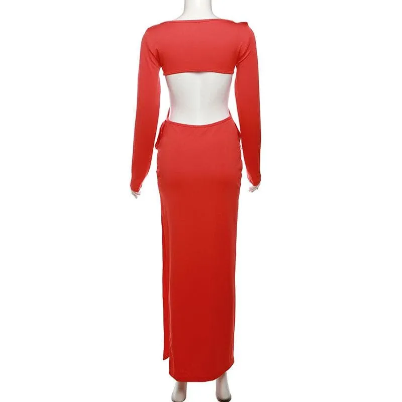 BerryBetty - Bowknot backless hollow out solid long sleeve maxi dress