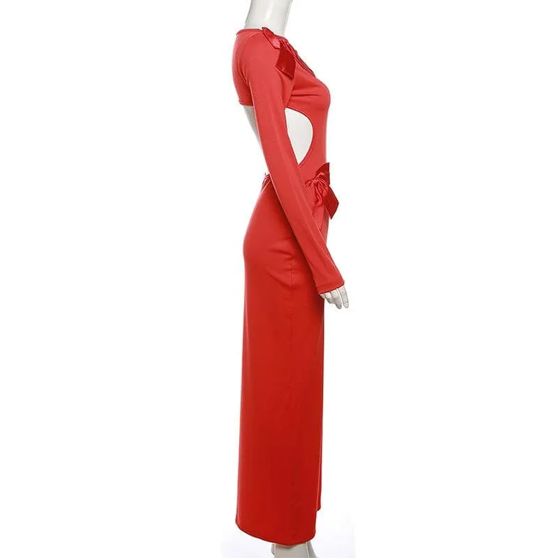 BerryBetty - Bowknot backless hollow out solid long sleeve maxi dress