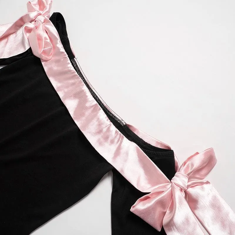 BerryBetty - Bowknot contrast gloves long sleeve 3-way off shoulder mini dress