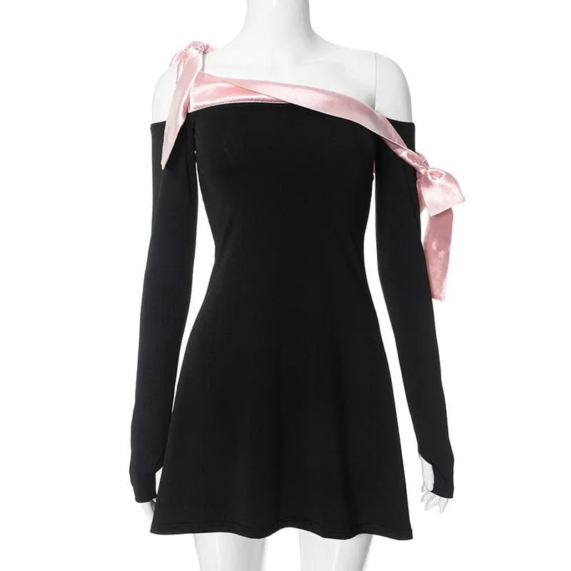 BerryBetty - Bowknot contrast gloves long sleeve 3-way off shoulder mini dress