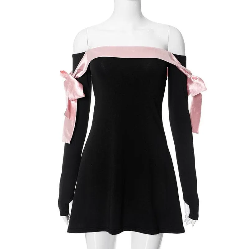 BerryBetty - Bowknot contrast gloves long sleeve 3-way off shoulder mini dress