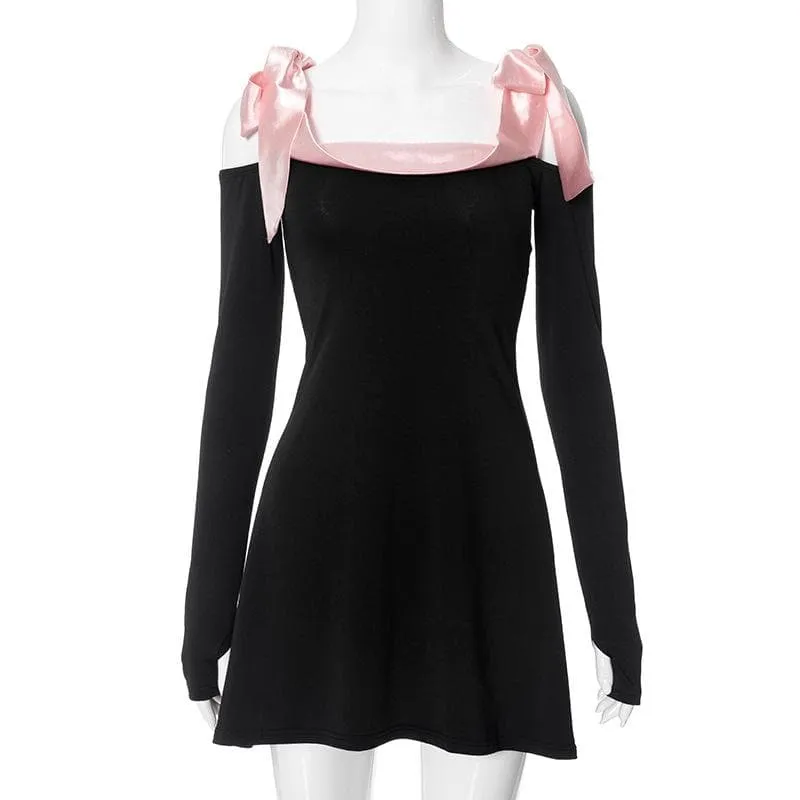 BerryBetty - Bowknot contrast gloves long sleeve 3-way off shoulder mini dress