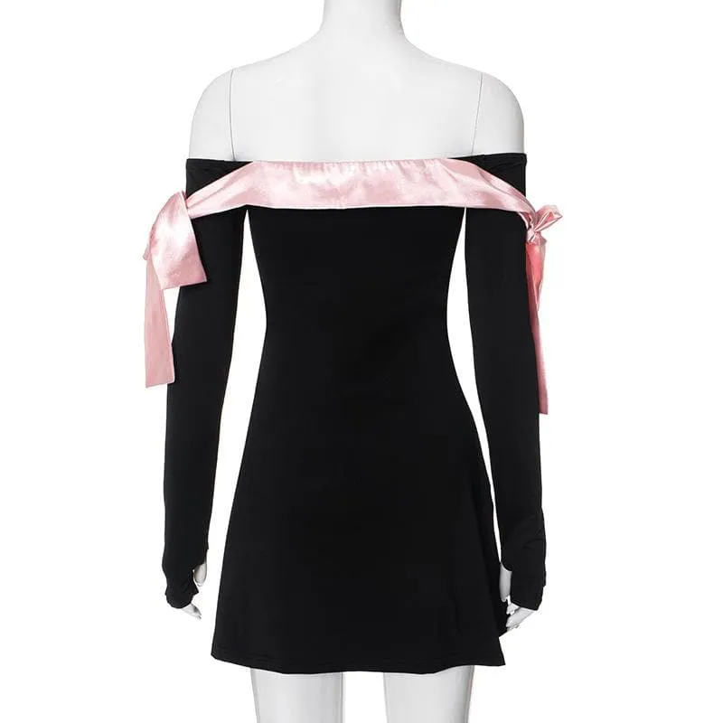 BerryBetty - Bowknot contrast gloves long sleeve 3-way off shoulder mini dress