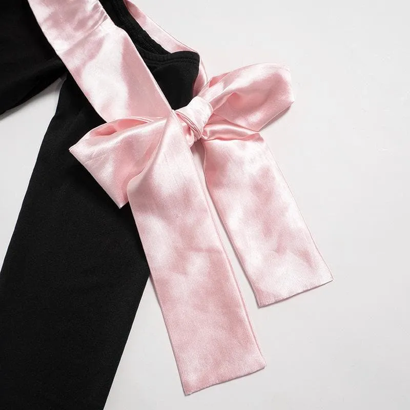 BerryBetty - Bowknot contrast gloves long sleeve 3-way off shoulder mini dress