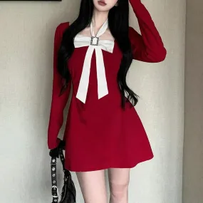 BerryBetty - Bowknot long sleeve square neck zip-up contrast 2-way mini dress BerryBetty - Bowknot long sleeve square neck zip-up contrast 2-way mini dress