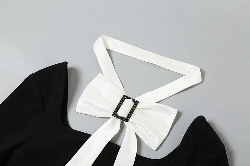 BerryBetty - Bowknot long sleeve square neck zip-up contrast 2-way mini dress