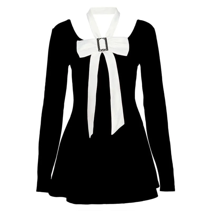 BerryBetty - Bowknot long sleeve square neck zip-up contrast 2-way mini dress