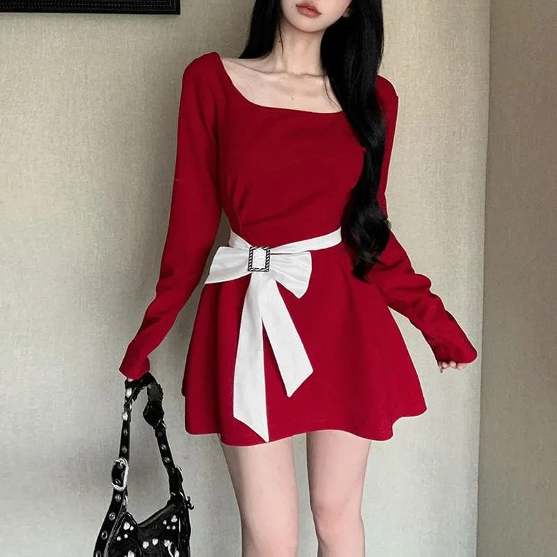 BerryBetty - Bowknot long sleeve square neck zip-up contrast 2-way mini dress