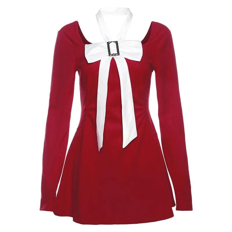 BerryBetty - Bowknot long sleeve square neck zip-up contrast 2-way mini dress