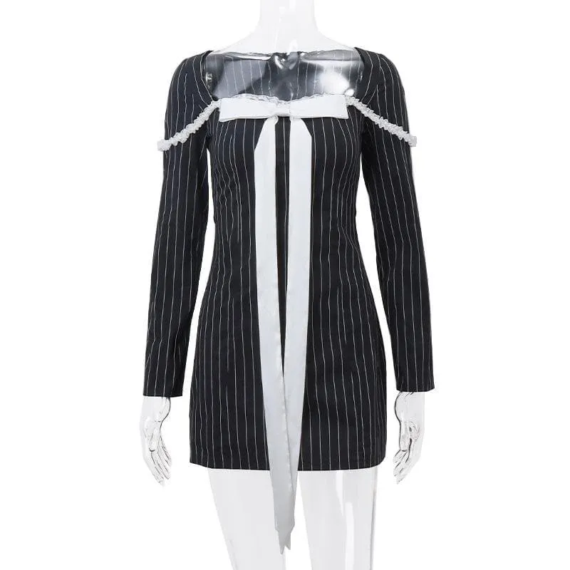 BerryBetty - Bowknot striped long sleeve square neck zip-up contrast mini dress