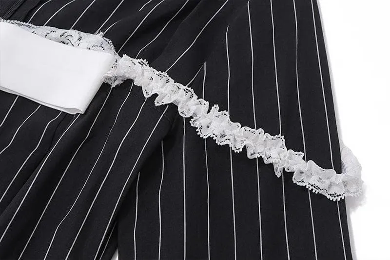 BerryBetty - Bowknot striped long sleeve square neck zip-up contrast mini dress