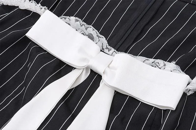 BerryBetty - Bowknot striped long sleeve square neck zip-up contrast mini dress