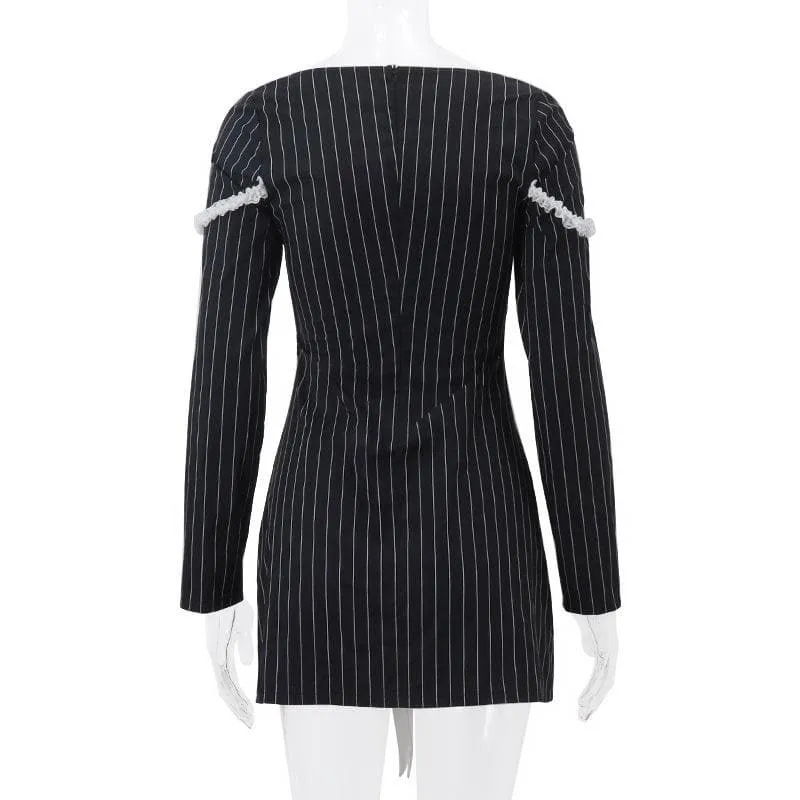 BerryBetty - Bowknot striped long sleeve square neck zip-up contrast mini dress