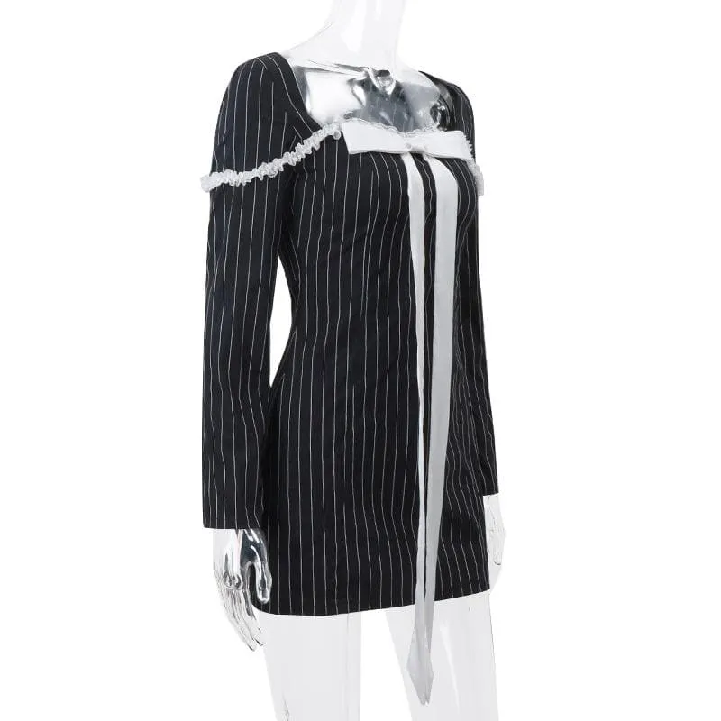BerryBetty - Bowknot striped long sleeve square neck zip-up contrast mini dress