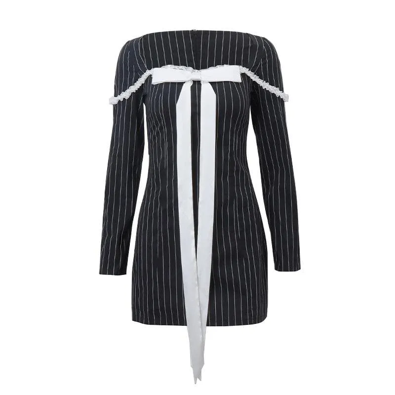 BerryBetty - Bowknot striped long sleeve square neck zip-up contrast mini dress