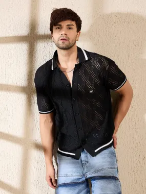 Black Cable Knit Crochet Shirt Black Cable Knit Crochet Shirt