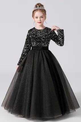 Black Tulle Long Sleeves Floor Length Flower Girl Dress With Sequins Black Tulle Long Sleeves Floor Length Flower Girl Dress With Sequins